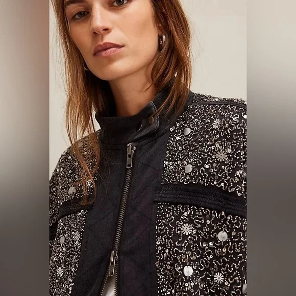 Free People Sparkle Front Zip Sweatshirt Jacket Black - Picture 2 of 9